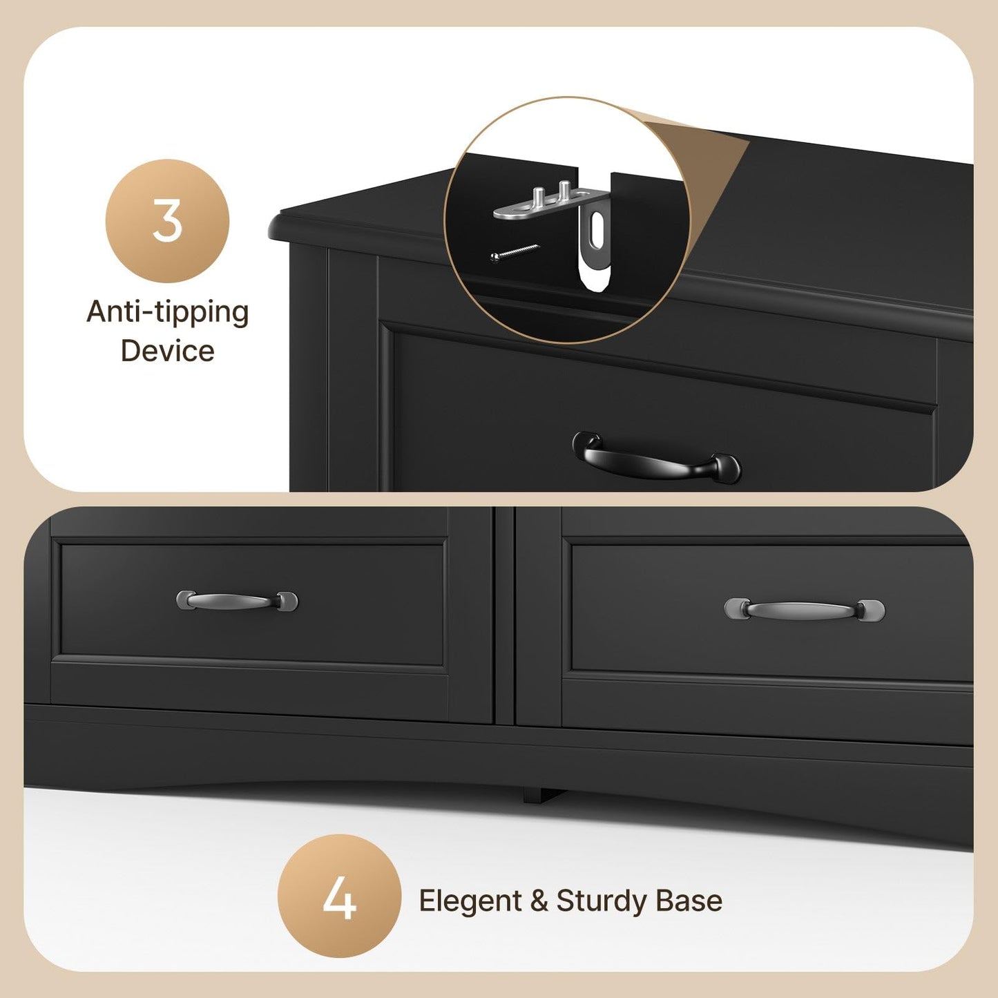 Gizoon 6 Drawer Dresser for Bedroom，47'' Larger Chest of Drawers with Mental Handle for Kids Room, Black Dresser with 6 Storage Drawers for Living Room, Entryway and Hallway, Black