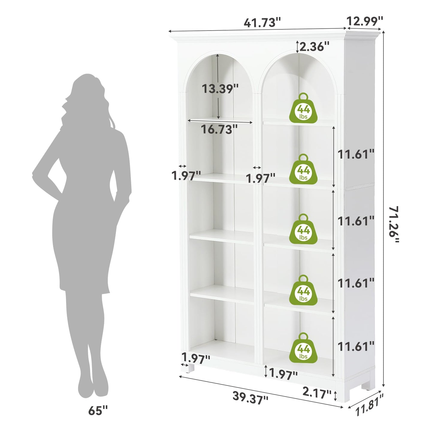 LITTLE TREE White Bookshelf, 5-Tier Tall Bookshelf, Open Storage Wide Display Book Shelf for Bedroom Living Room Office, Farmhouse Modern Elegant Arched Bookshelf