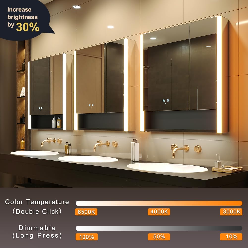 KWW LED Lighted Bathroom Medicine Cabinet with Sockets & USBs, Defogger, Dimmable, 3 Color Light Makeup Mirror, Easy to Install, Wall Mounted Cabinet (2 door-31 * 34)
