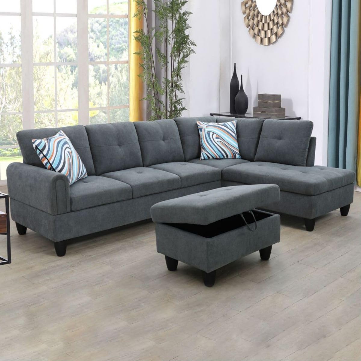 UOCFYK Dark Grey L-Shaped 3-Piece Flannel Sofa with Storage Ottoman Set, Sectional Couch Sofa Set for Living Room, Office, Small Space