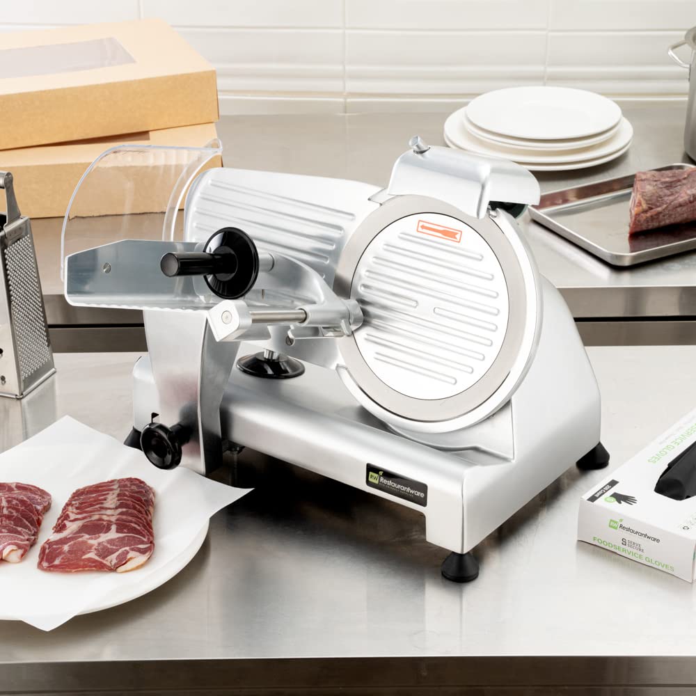 Restaurantware Bio Tek Meat Slicer 1 Adjustable Slice Size Manual Slicer - 200W Operation 0.25 Horsepower Stainless Steel Deli Slicer Built-In Sharpener Fixed Ring Guard