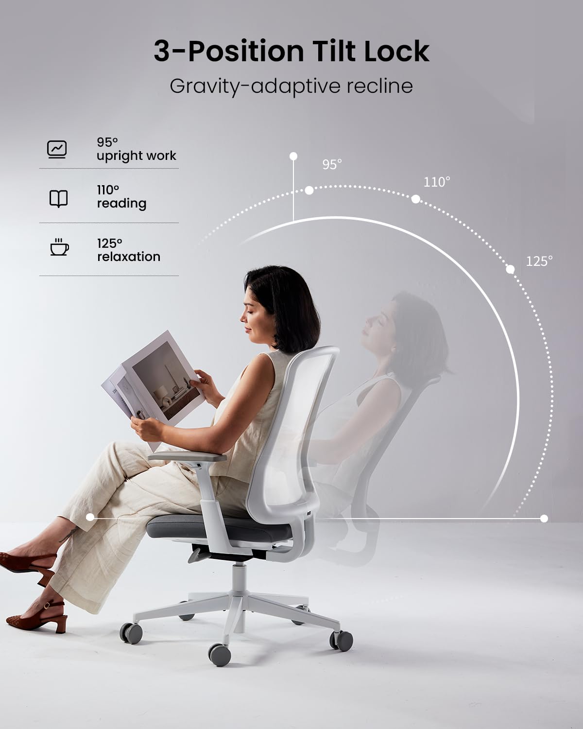 ProtoArc Ergonomic Office Chair – Flexer Mesh Couputer Chair for Women, Foam Sliding Seat, 125° Recline, Home Desk Chairs for Small Spaces, Stylish & Comfortable – White
