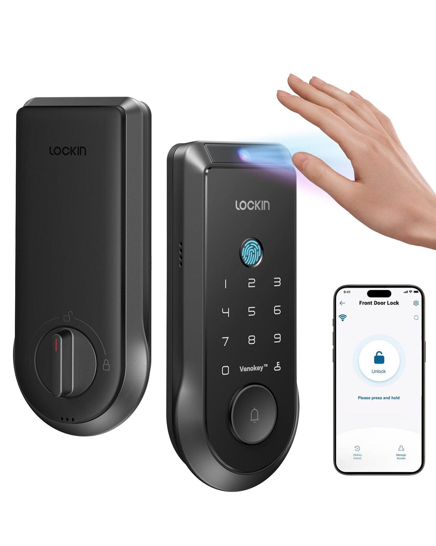Lockin Venoris Smart Lock - Palm Vein & Fingerprint Keyless Entry Door Lock - 6 Unlock Methods - Built-in WiFi - Smart Home Compatible - No Monthly Subscription - 7-Month Battery Life