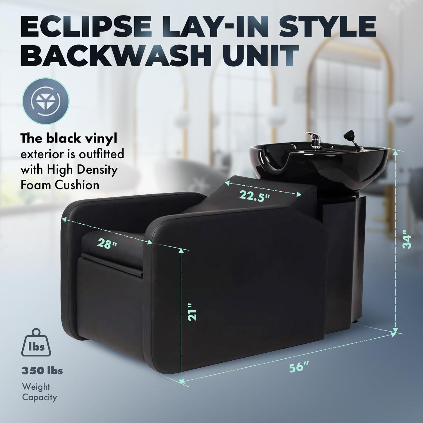 Buy-Rite Eclipse Lay-In Shampoo Backwash Unit for Salons & Barbershops - Porcelain Bowl with Hardware, Extra-Wide Reclining Seat, Kick-Out Leg Rest, Built-In Headrest & Lumbar Support, TS-8088-BLK