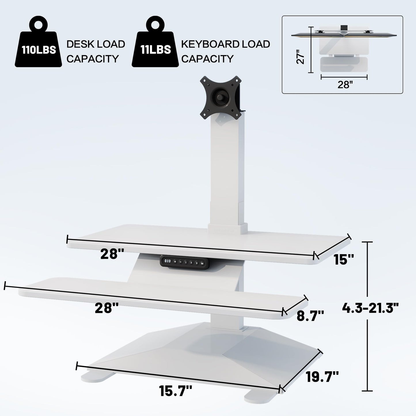 Electric Standing Desk Converter 28" Wide, Height Adjustable Desk Riser, Computer Workstation, Sit-Stand Convertor for Home, Office, School (White, 1 Arm Included)