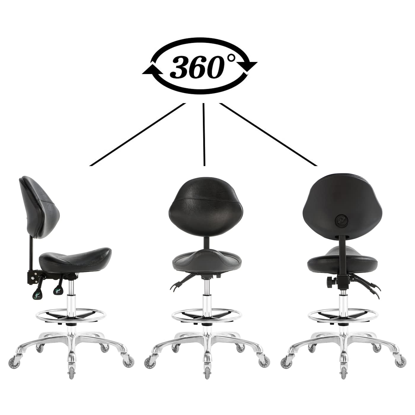 Nazalus Saddle Stool Chair with Back Support Footrest, Heavy-Duty(350LBS), Hydraulic Rolling Swivel Adjustable Stool Chair for Salon Spa Beauty Massage Dental Clinic Home Office Use