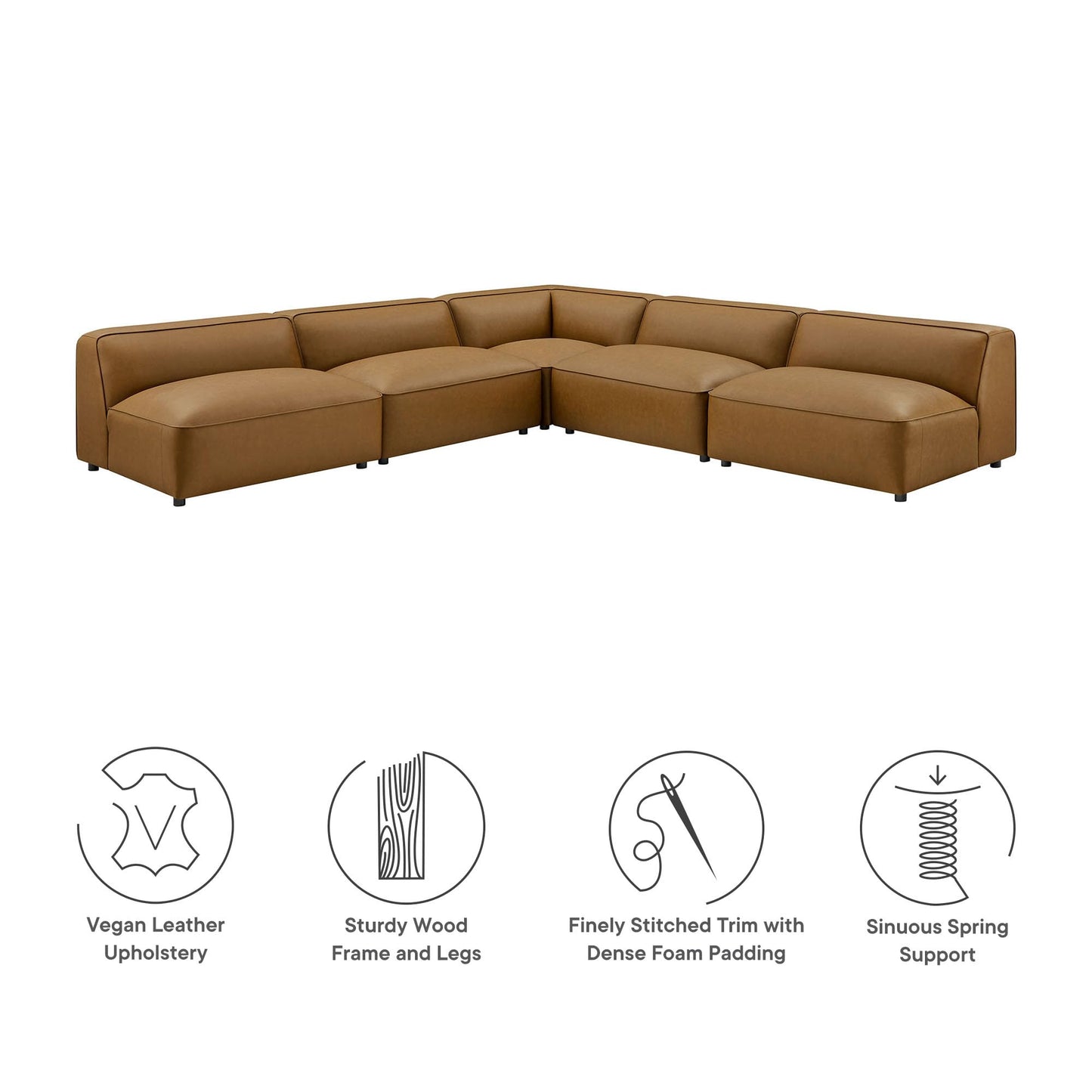 Modway Auren Vegan Leather 5 Piece Armless Modular Sofa in Camel - Faux Leather L Shaped Sectional - Comfy Modern PU Leather Sofa - Oversized Mid Century Modern Couch for Living Room