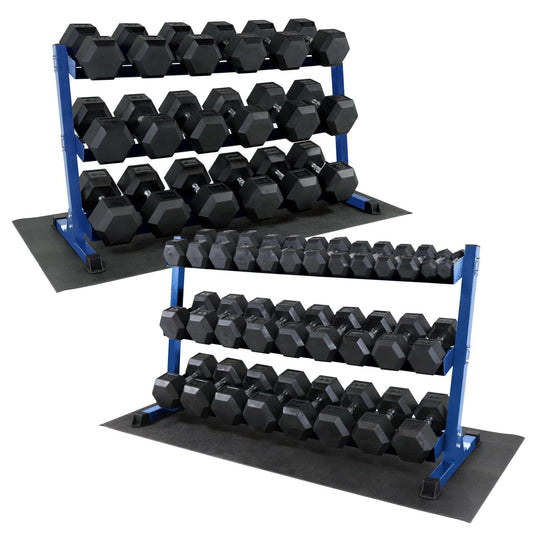 WF Athletic Supply Rubber Coated Hex Dumbbell Set, Multiple Choices Available - Dumbbells with Rack Stand and Mat, or Dumbbells Only (200/550/1200/2100/3000 LB)