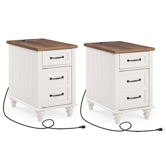 WAMPAT 2 Pack End Tables with Charging Station, White Wood Sofa Side Table with Drawer & Storage Cabinet, Modern Nightstand with Power Outlets & USB Ports for Living Room, Bedroom