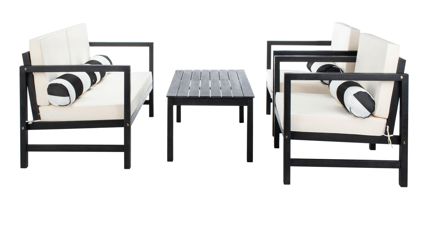 SAFAVIEH Outdoor Collection Montez Black/ Beige Cushions/ Striped Bolster Pillows 4-Piece Conversation Patio Set
