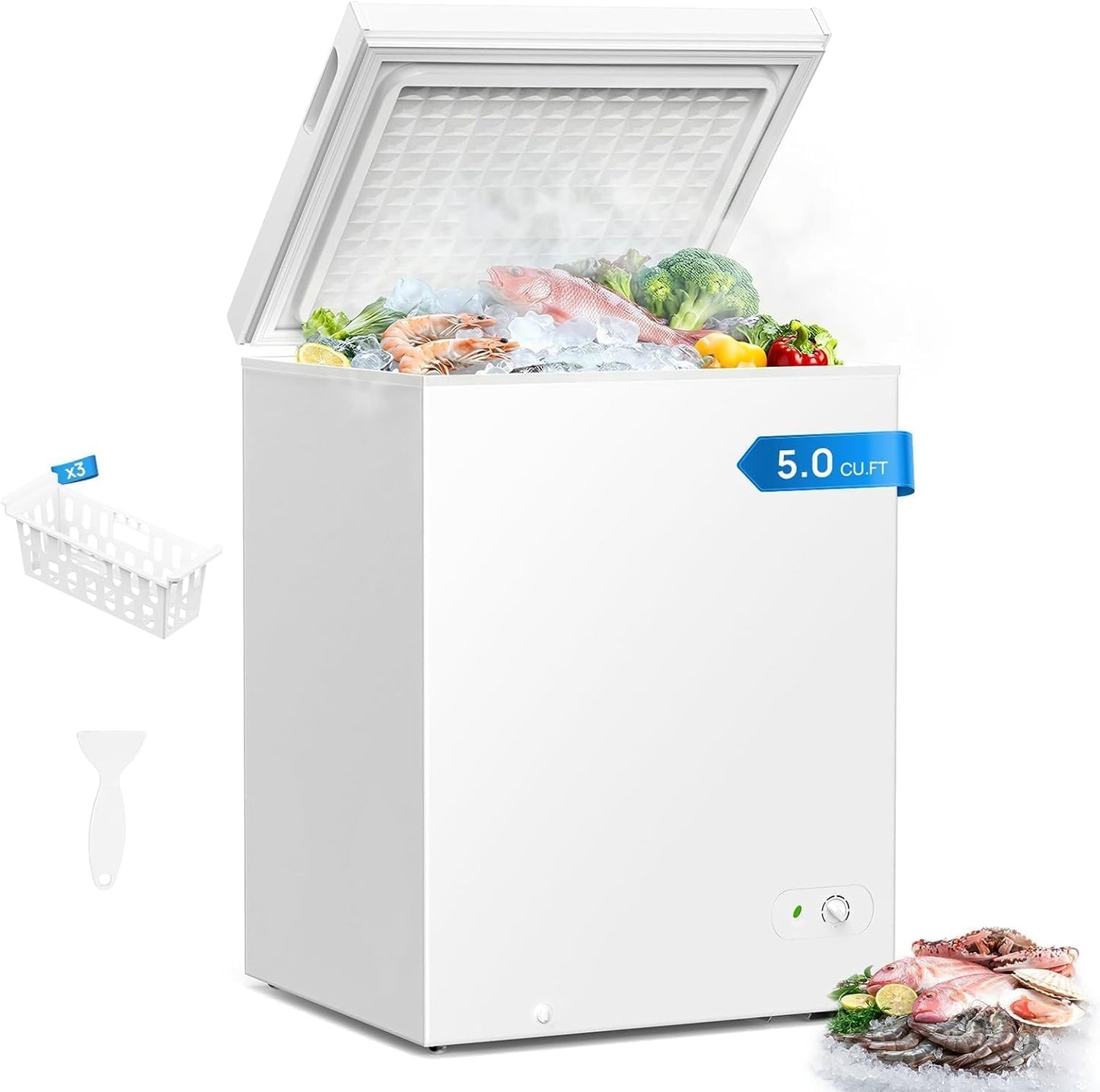 5.0 Cu Ft Chest Freezer with 3 Removable Baskets, Free-Standing Top Open Deep Freezer with 7 Adjustable Thermostat, Quiet Energy Saving Compact Freezer for Home/Apartment/Office/Garage/Dorm, White