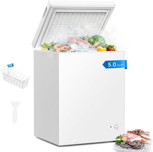 5.0 Cu Ft Chest Freezer with 3 Removable Baskets, Free-Standing Top Open Deep Freezer with 7 Adjustable Thermostat, Quiet Energy Saving Compact Freezer for Home/Apartment/Office/Garage/Dorm, White