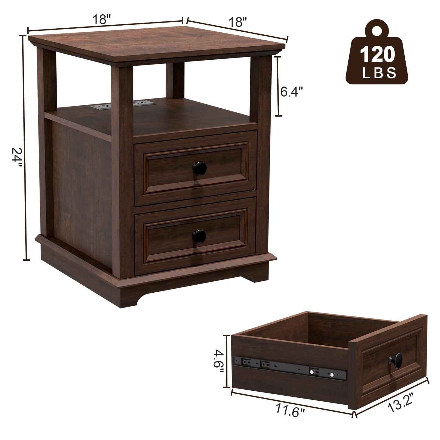 REDAYFUR 24" Tall End Table with Charging Station, Double 18W Fast Charge, Large 18" Bedside Table with Drawers, Rustic Wood Storage Cabinet with Open Shelf for Bedroom, Cherry