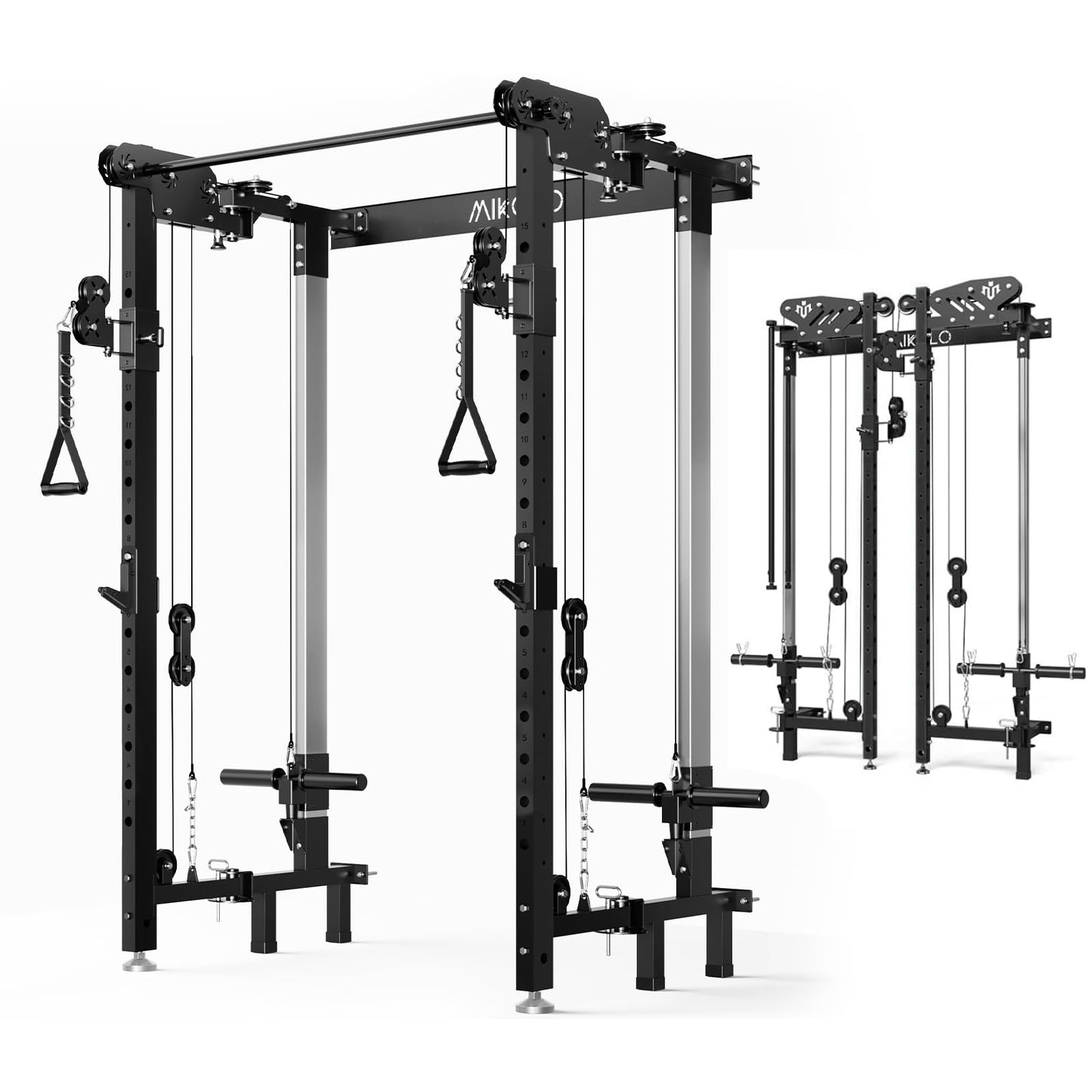 Mikolo Folding Squat Rack, Wall Mounted Power Rack with Cable Crossover Machine & LAT Pull Down, Functional Trainer with 5 Adjustable Function Modes, for Home Gym and Space Saving(Black)