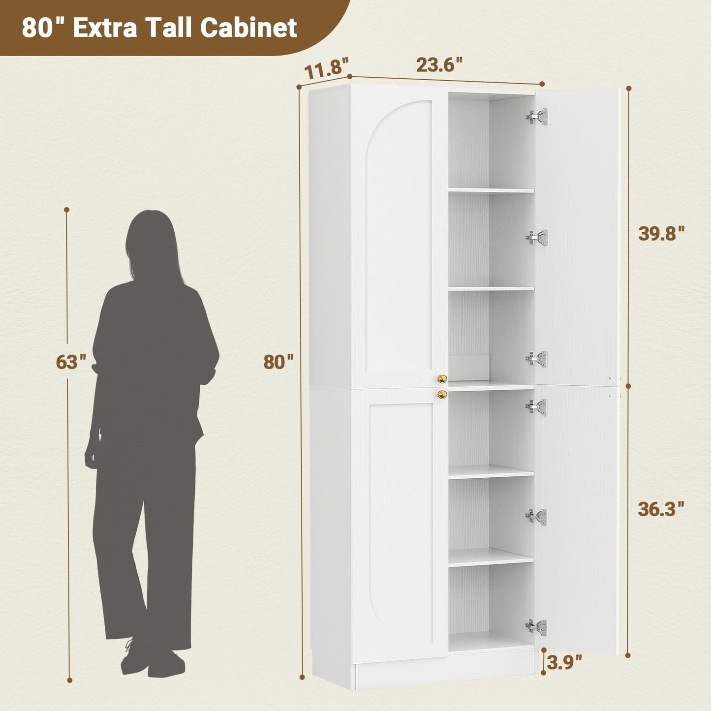 Cyclysio 80" Kitchen Pantry, Extra Tall Arch Storage Cabinet with 4 Soft Close Doors and Adjustable Shelves, Freestanding Wood Cupboard with Seamless Fit Wall for Dining Living Room Bathroom Furniture