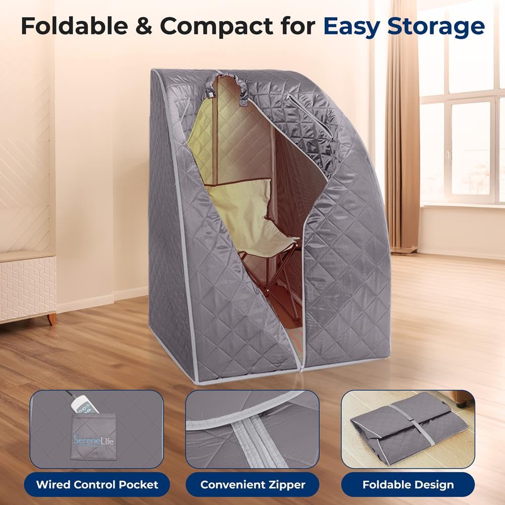 SereneLife Portable Infrared Home Spa | One Person Sauna | Heating Foot Pad and Chair, Gray (SLISAU10GRY)