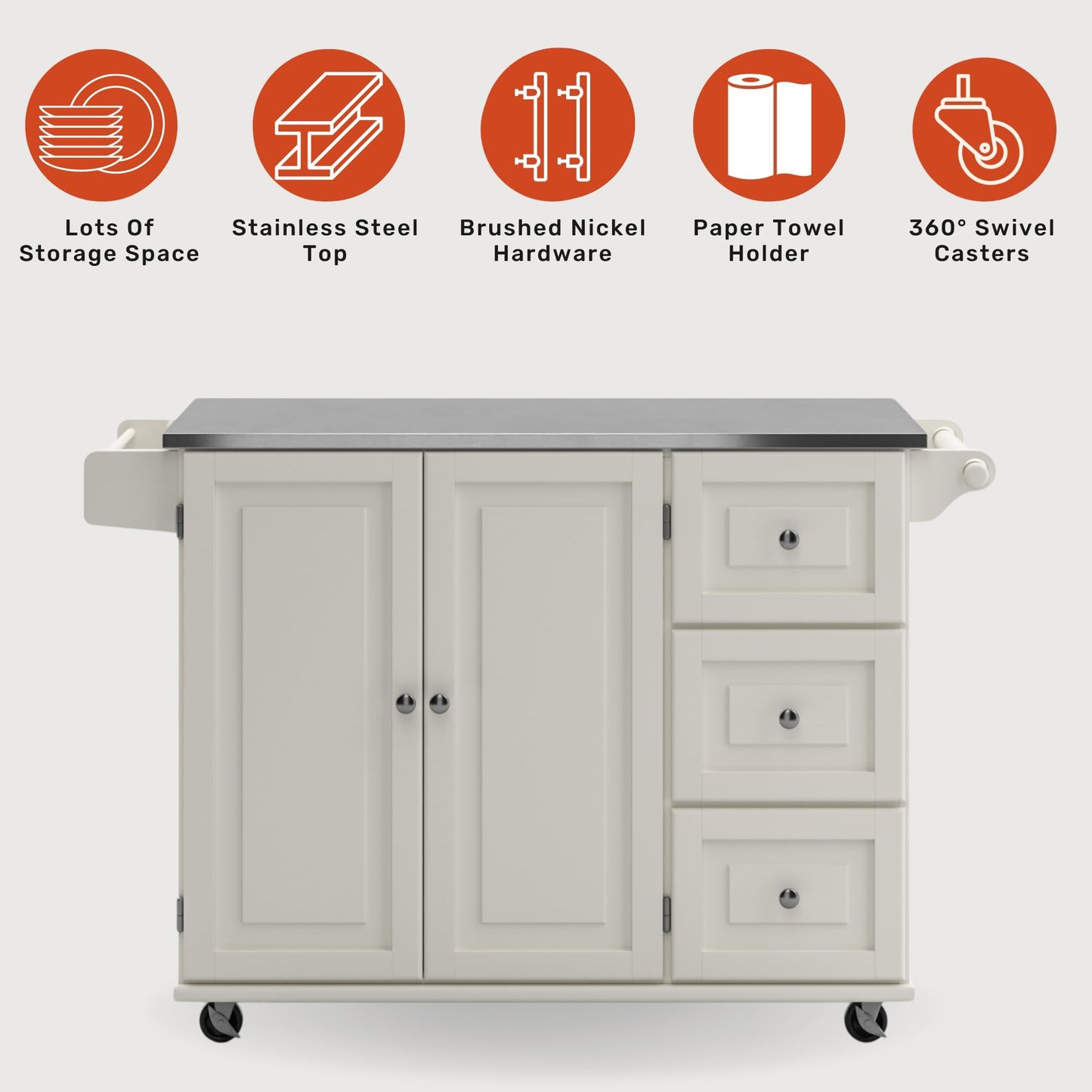53.5" Kitchen Island Cart with Storage, Rolling Kitchen Cart on Wheels with Stainless Steel Top, Mobile Prep Station with Drawers, Cabinets, Adjustable Shelves & Towel Rack, Solid Wood, Off White