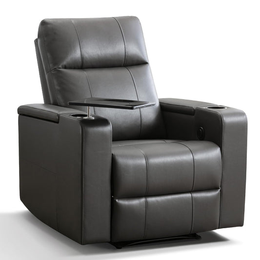 ANJ Home Theater Seating Power Recliner with Hidden Arm Storage, Single Faux Leather Recliners with Tray Table, Electric Movie Reclining Chairs with USB Ports & Cup Holders for Media Room, Grey