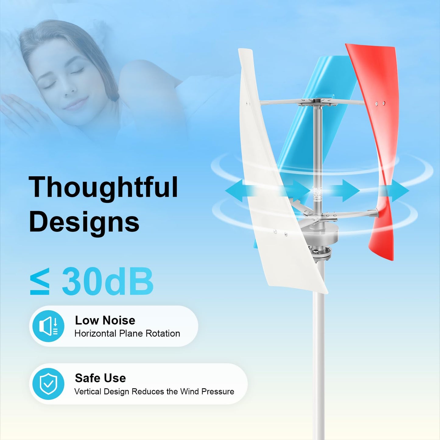 BANEBONE 400W Vertical Wind Turbine Generator, 24V, 3-Blade Kit with Controller, IP67 Waterproof, 30dB Low Noise, Blue/White/Red, for Home, Marine, RV & Off-Grid