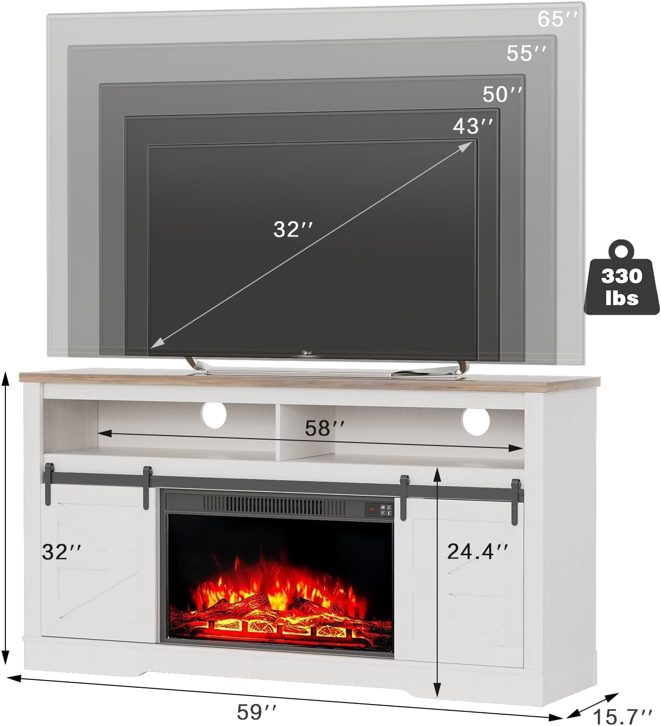 YESHOMY Fireplace TV Stand for Television up to 65+ Inch with Storage and Farmhouse Sliding Barn Doors, Entertainment Center with Cabinet and Shelves, Media Console for Living Room,Milk White