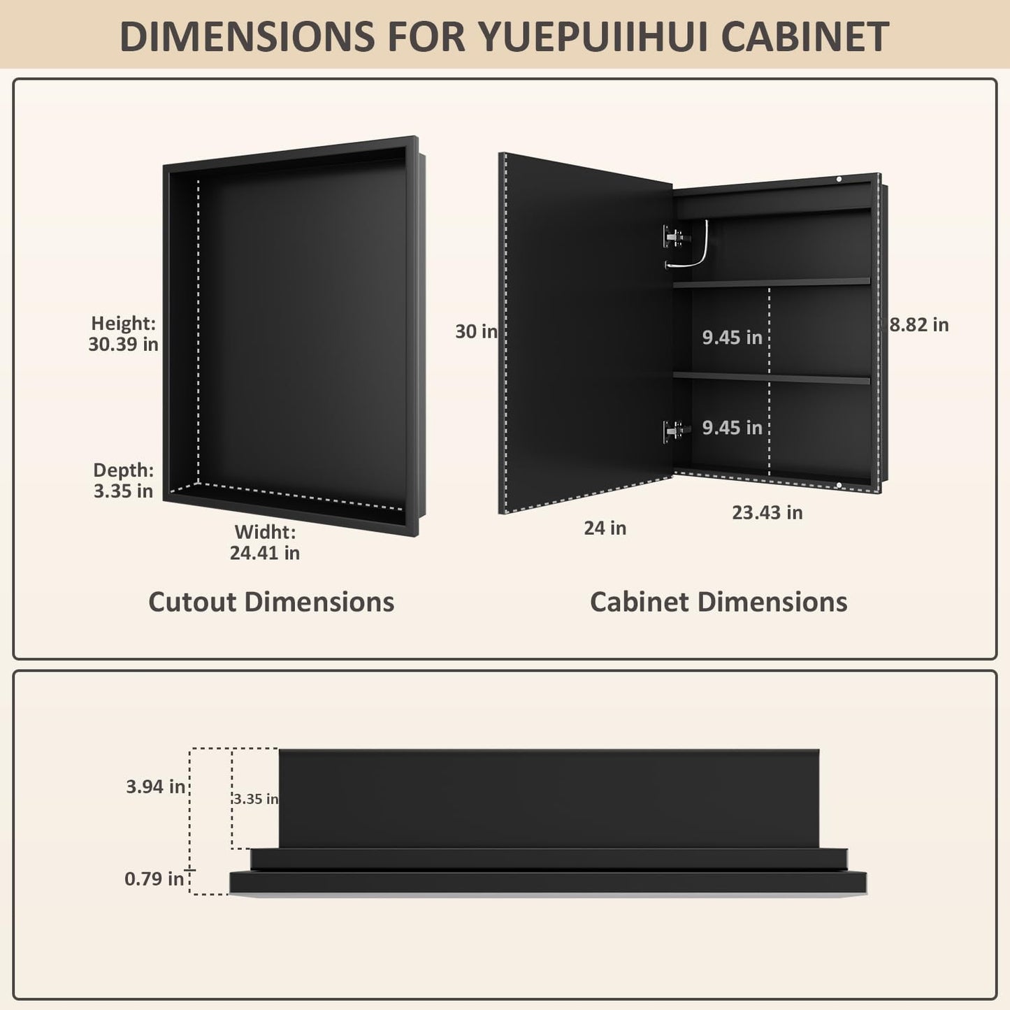 YUEPUIIHUI 24X30 Inch Lighted Medicine Cabinet, Recessed Medicine Cabinet with Adjustable 3-Color, Brightness Dimming, Defogger, Wall Mounted