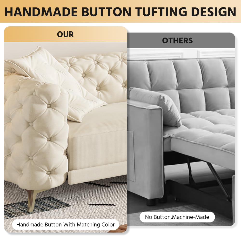 Ball & Cast 3-in-1 Convertible Sleeper Sofa with Movable Ottoman,97.7" Velvet Pull Out Sofa Bed, Modern Button Tufted 4-Seater Sofa Couch with Deep Seat for Living Room, Apartment,Office,Beige
