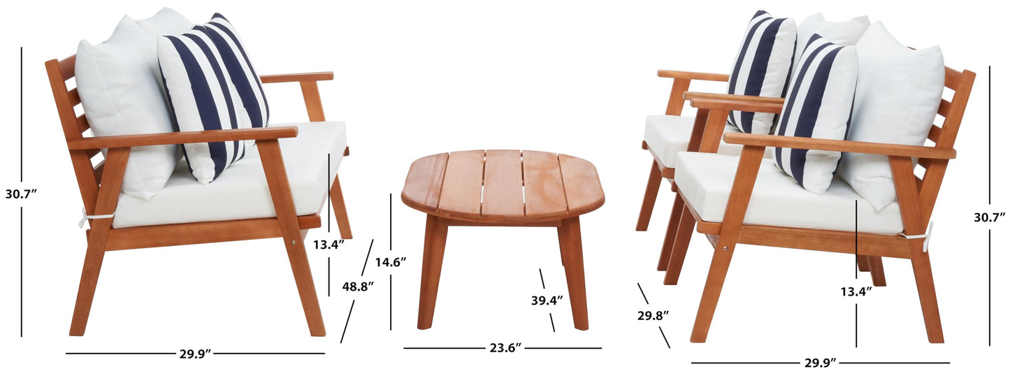 SAFAVIEH Outdoor - Deacon 4-Piece Conversation Set - Brown & Beige - Solid Wood - Coastal Slatted Design with Cushions - Ideal for Patio, Deck, Porch, Backyard (PAT7050F)