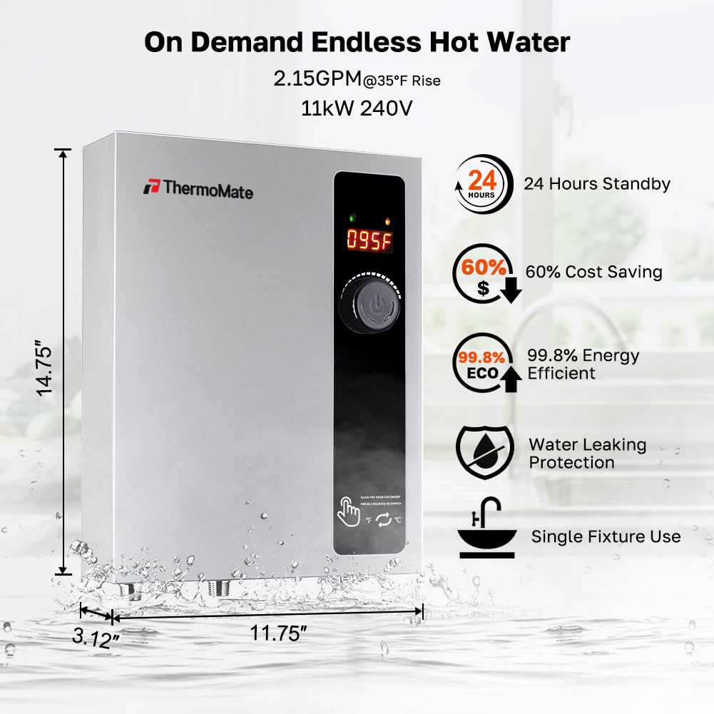 ThermoMate Electric Tankless Water Heater, 11kW 208~240 Volt, On Demand Instant Hot Water Heater, Self Modulating Energy Saving, Save Space, 2.15GPM at 35°F Rise