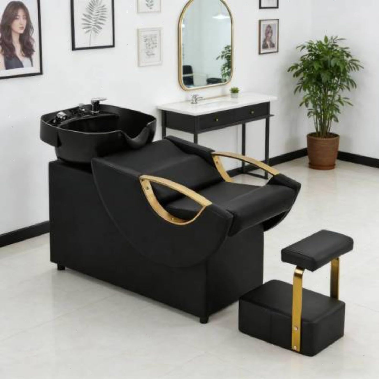 Daklpiw Professional Shampoo Chair with Bowl & Footrest, 300LBS Reclining Backwash Station with Gold Armrests, Waterproof PU Leather Salon Hair Washing Unit for Barber Shop & Spa