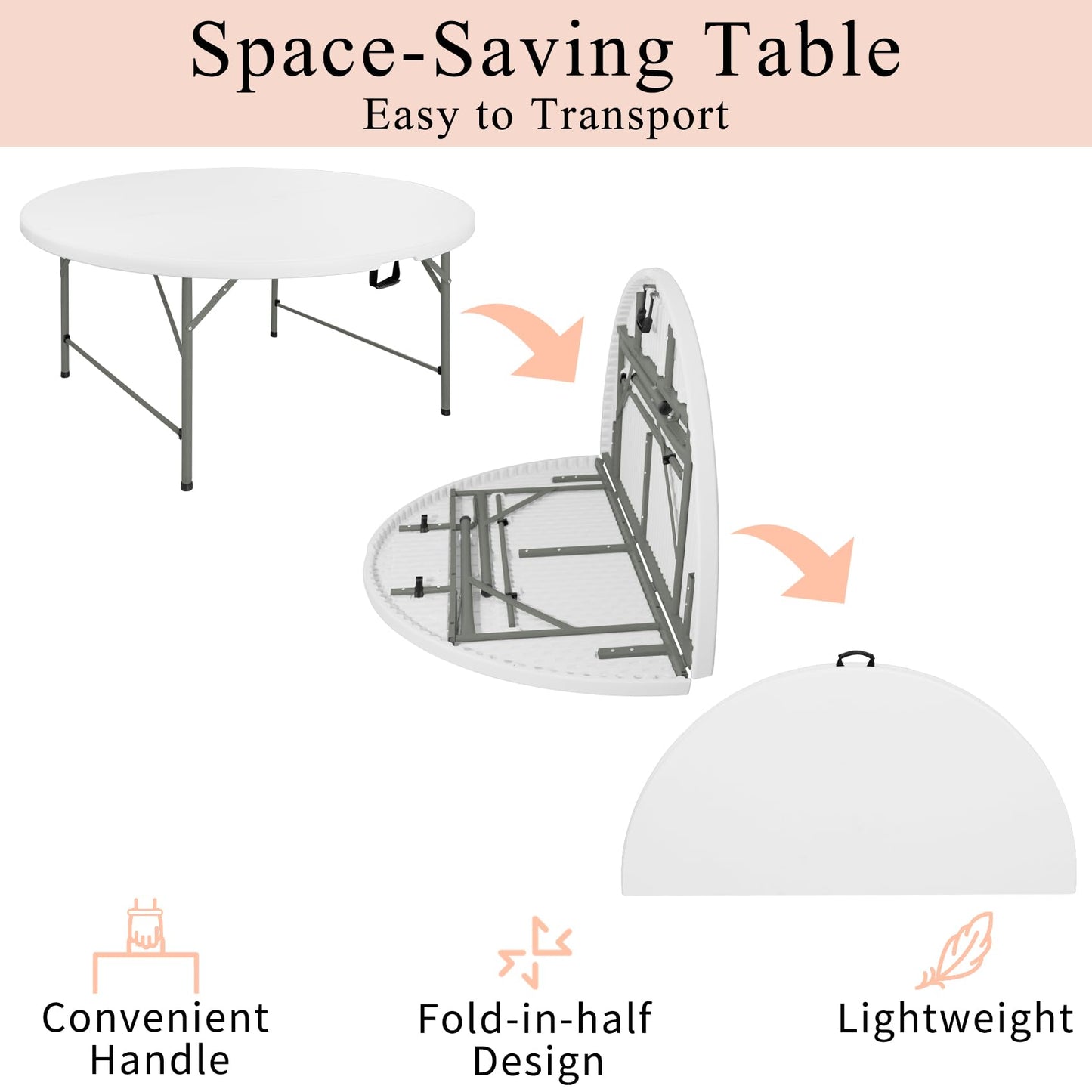 JALANCY 5 FT Round Folding Tables with Carrying Handle 60 inch Heavy Duty Portable Plastic Commercial Table Steel Legs for Party, Dining, Wedding, Events, Picnic Indoor, Outdoor (White,1 Pack)