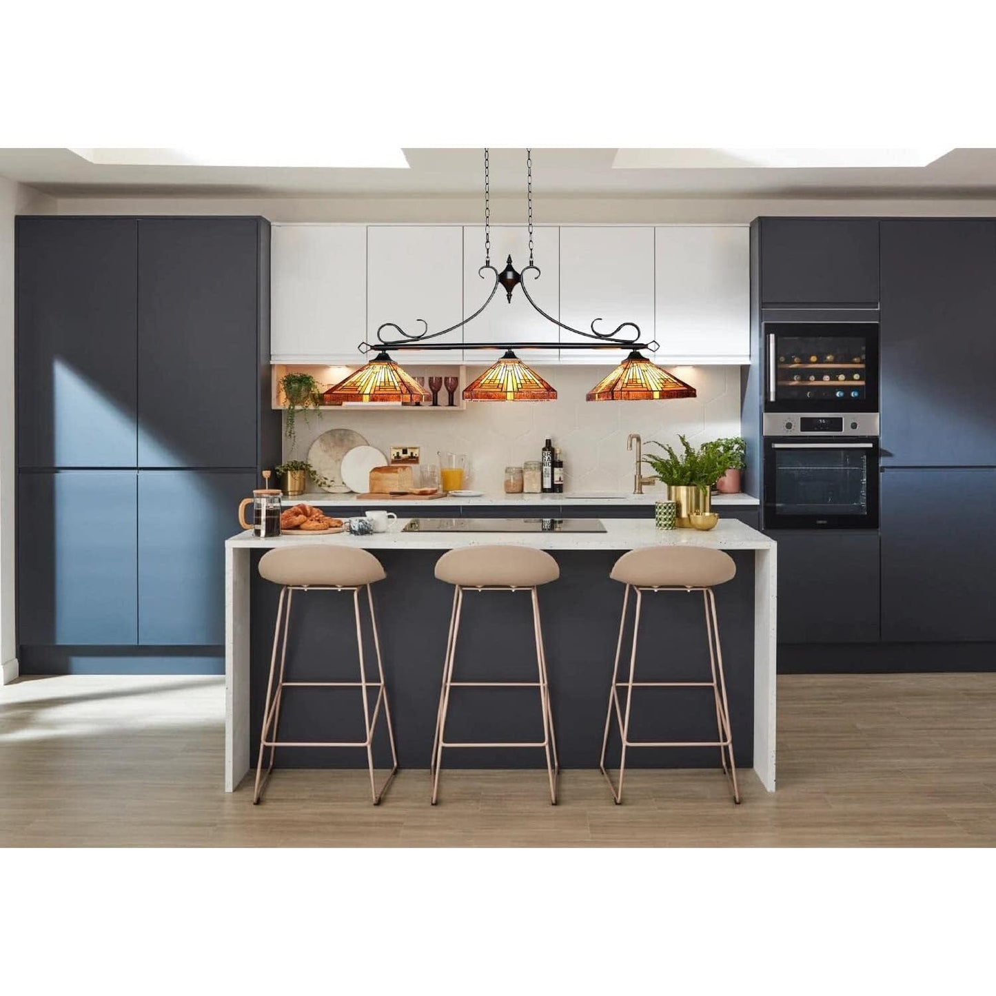 Chloe Lighting Innes 3-Light Island Pendant, Tiffany-Style, 47in Wide, Blackish Bronze, Multicolor Glass, Model CH33359MR47-IL3