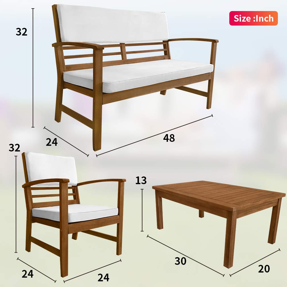 FDW 4-Piece Patio Conversation Set Acacia Wood Outdoor Sofa & Chairs with Coffee Table, Water-Resistant Cushions for Backyard, Garden, Balcony, Porch, Deck, Poolside, Beach Chat Set