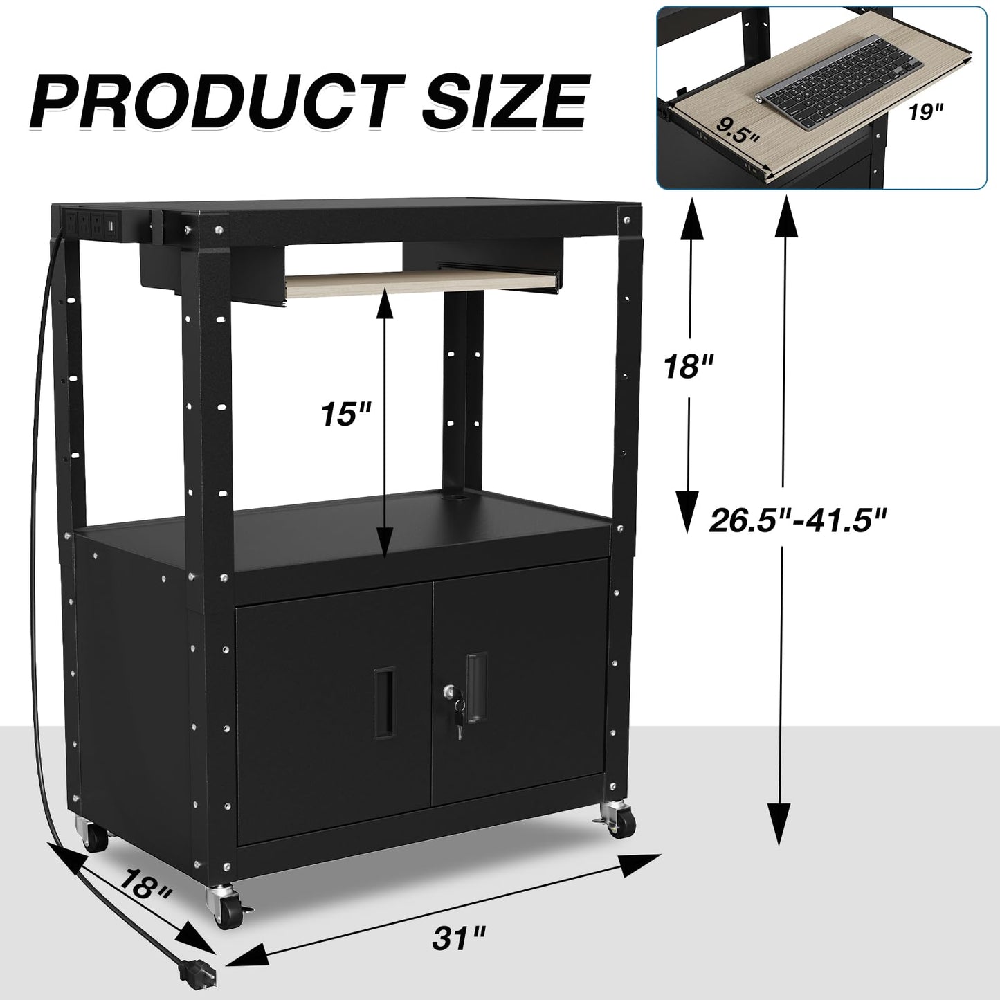 AV Cart, Adjustable-Height Rolling Computer Cart with Charging Station, Steel AV Presentation Cart with Locking Cabine & Keyboard Tray, Multipurpose Utility Cart Mobile Workstation for Office, Black
