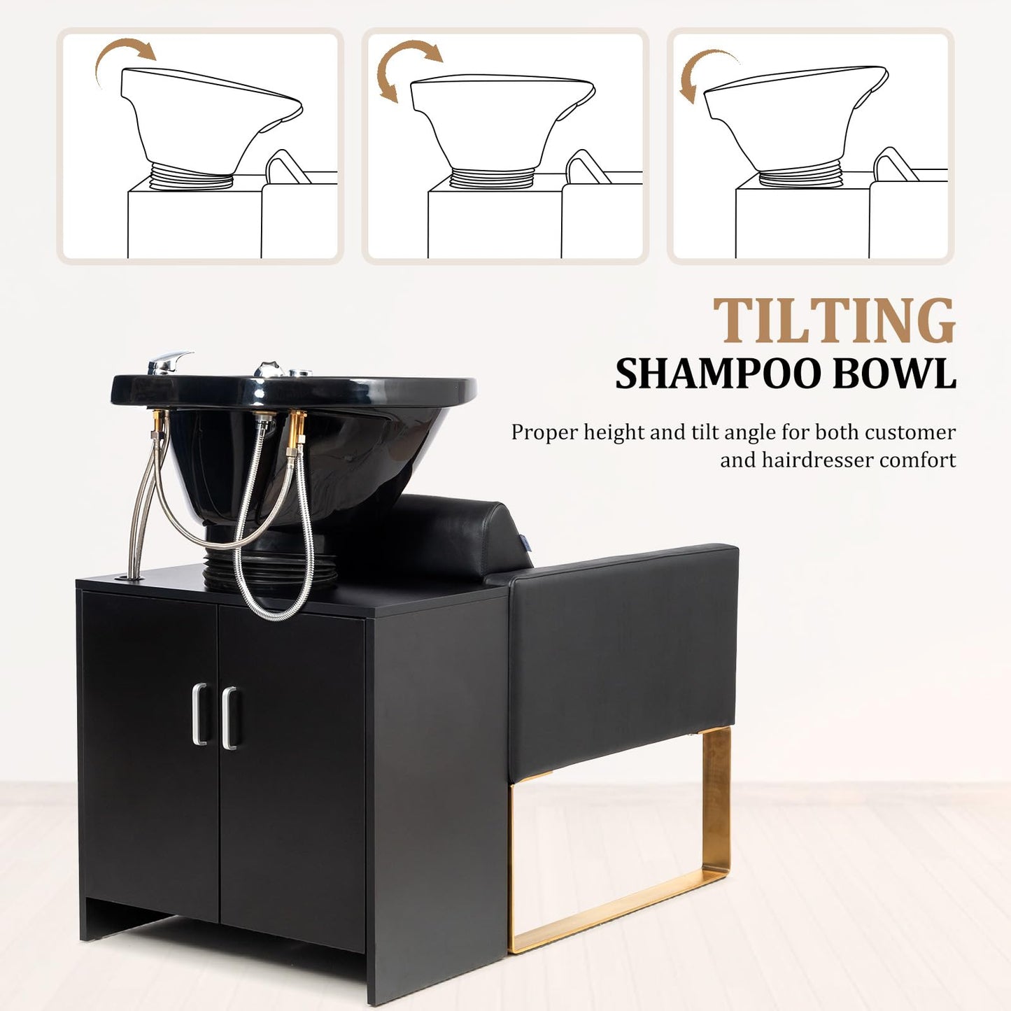 OmySalon Shampoo Chairs for Salon, Stainless Steel Frame & UPC Certified Shampoo Bowl, Hair Washing Station, Backwash Unit for Beauty Spa Barbershop, Black Gold