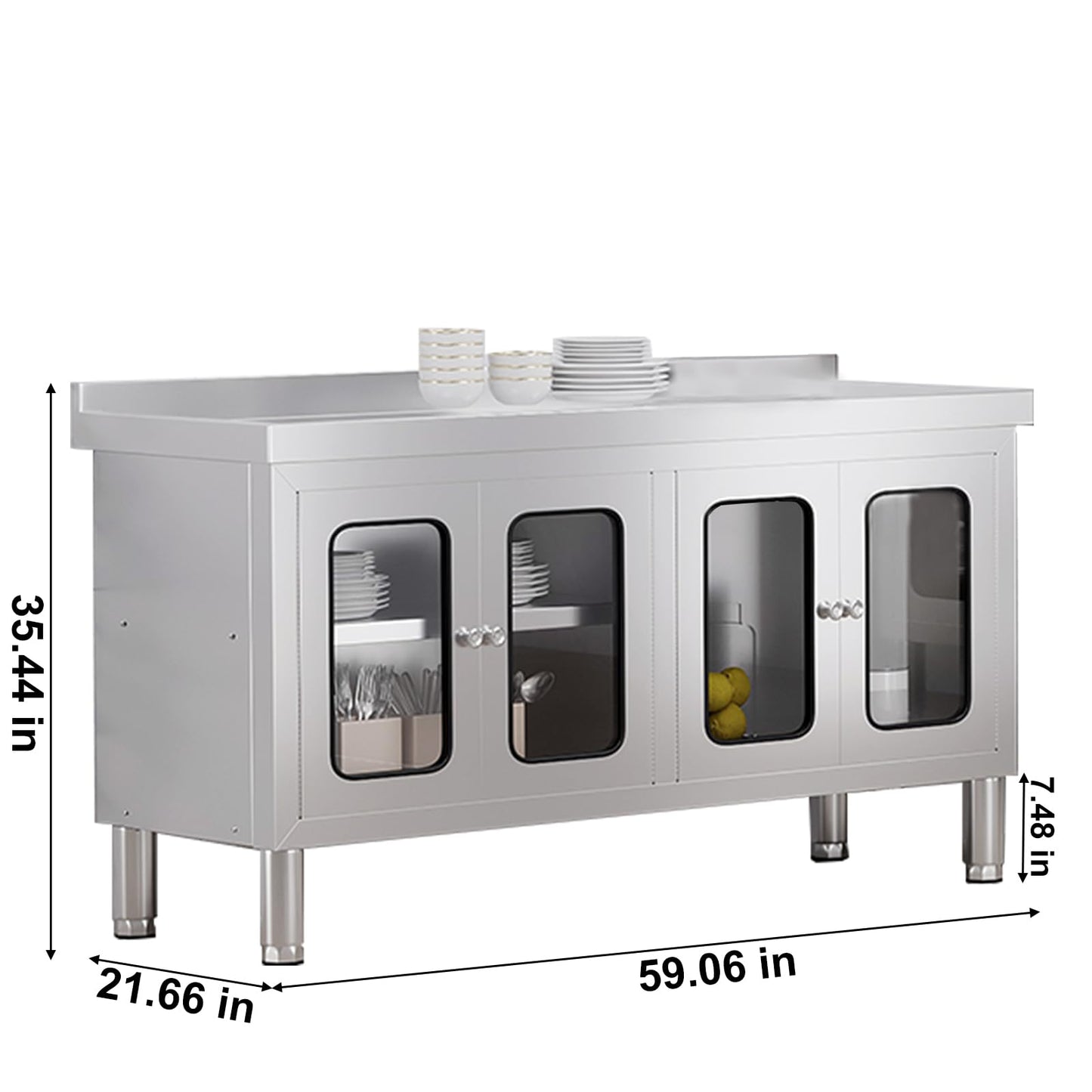 59" Stainless Steel Table Cabinet Heavy Duty Prep Table with 304 Stainless Steel Worktop and 4 Glass Doors Commercial Worktable Workbench with Storage Cabinet for Kitchen Garage Restaurant Outdoor