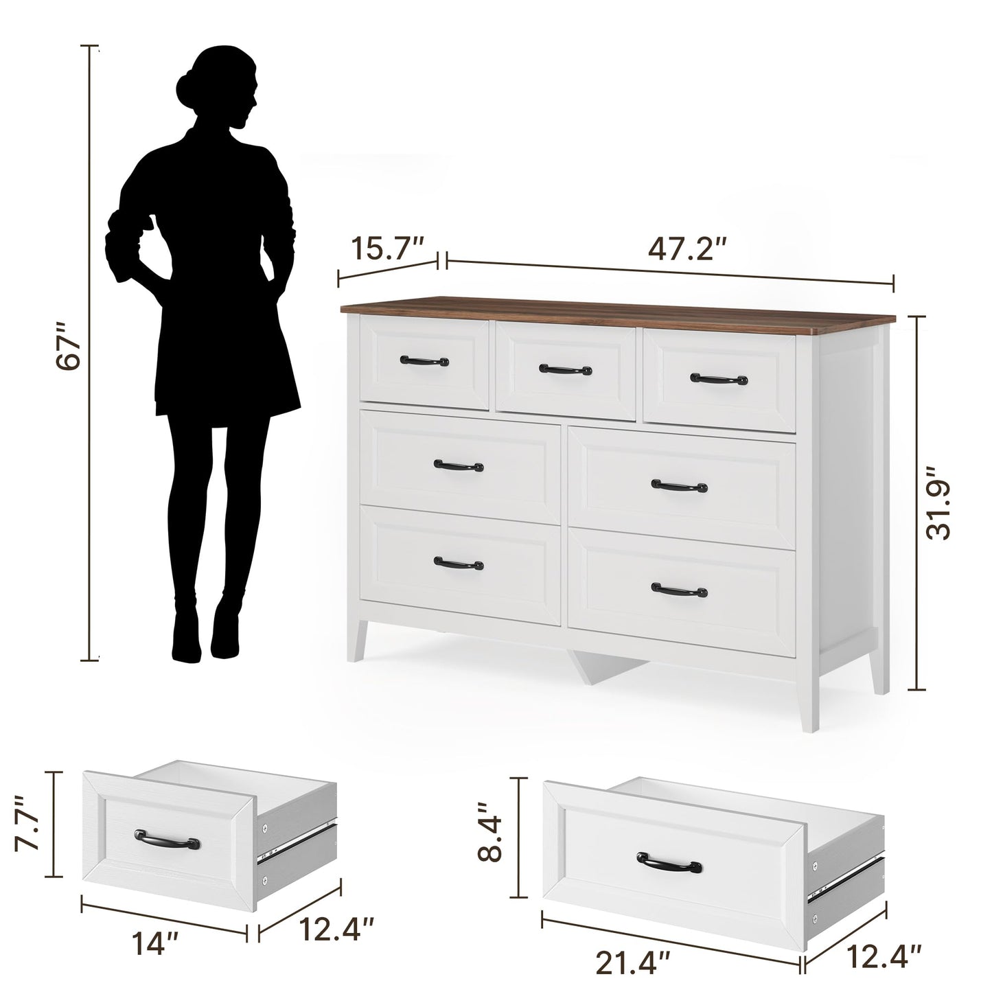 Gizoon Farmhouse 7 Drawers Dresser, White Chest of Drawers with Metal Handles, 47" Wide Wooden Storage Organizer for Bedroom, Hallway, Living Room, Tabletop-Retro