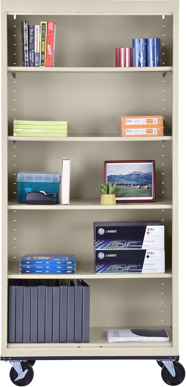 Sandusky Lee BM40361872-07 Mobile Bookcase with 4 Adjustable Shelves, Steel Rolling Bookshelf Storage Cabinet, 78"H, Putty