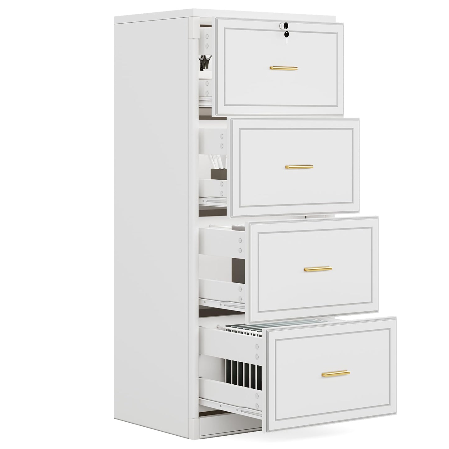 LITTLE TREE 4-Drawer File Cabinet with Lock, Large Vertical Storage Cabinet, Secure Space-Saver for Home Office, Compatible with A4/F4/Letter/Files, Filing Cabinets for Home Office (White, MDF)