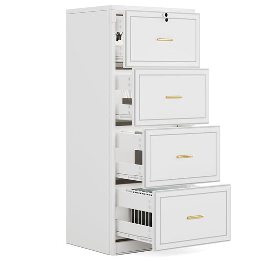 LITTLE TREE 4-Drawer File Cabinet with Lock, Large Vertical Storage Cabinet, Secure Space-Saver for Home Office, Compatible with A4/F4/Letter/Files, Filing Cabinets for Home Office (White, MDF)