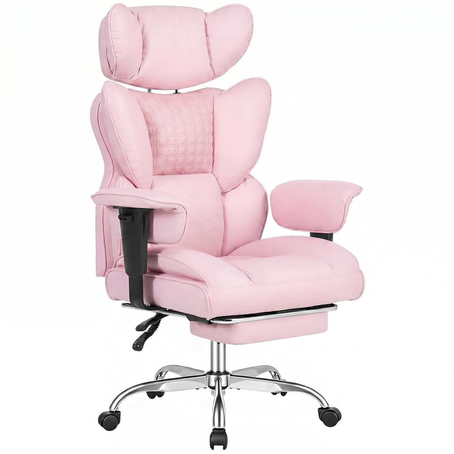 DUMOS Big and Tall Home Office Desk Chair, Gaming Computer Chair, Executive Ergonomic Chair with Footrest, High Back Reclining, Adjustable Armrests and Comfy Lumbar Support, PU Leather, Pink