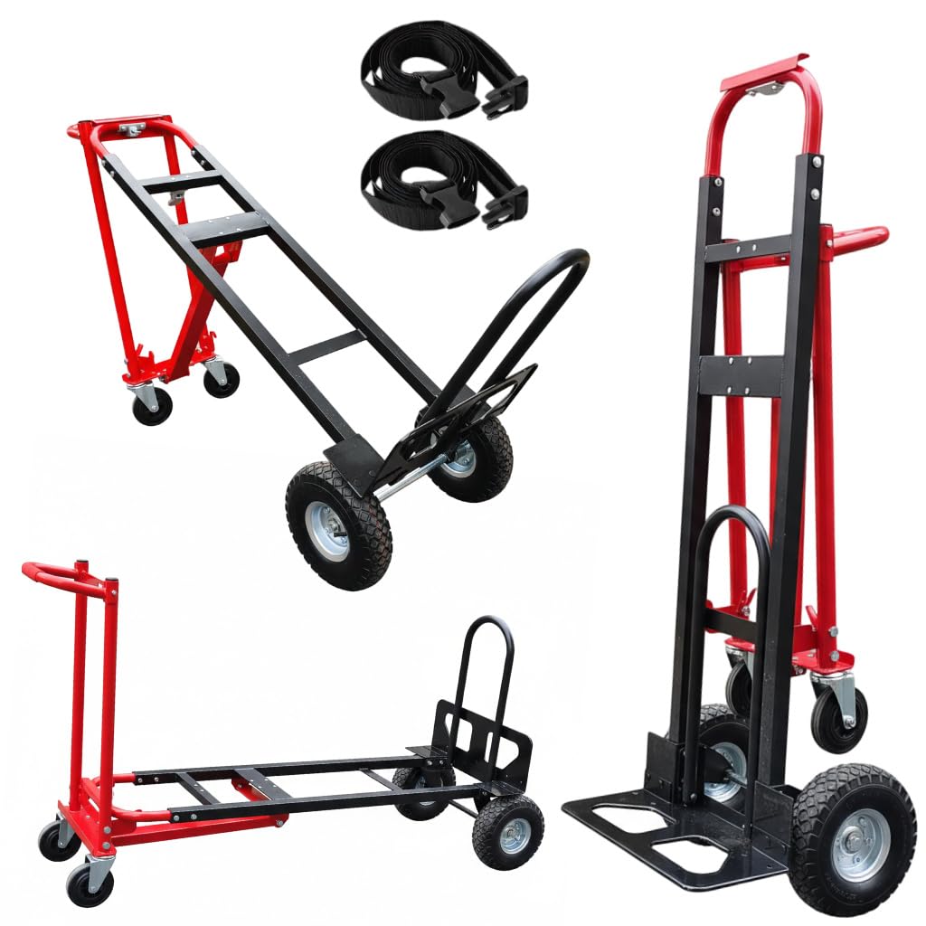 Nebicals Red Convertible Hand Truck Dolly Cart with 4 Wheels Heavy Duty,1000 Lbs Capacity, 2 Straps for Moving Furniture/Appliance/Carton/Warehouse/Office/Easy to Follow Video to Install