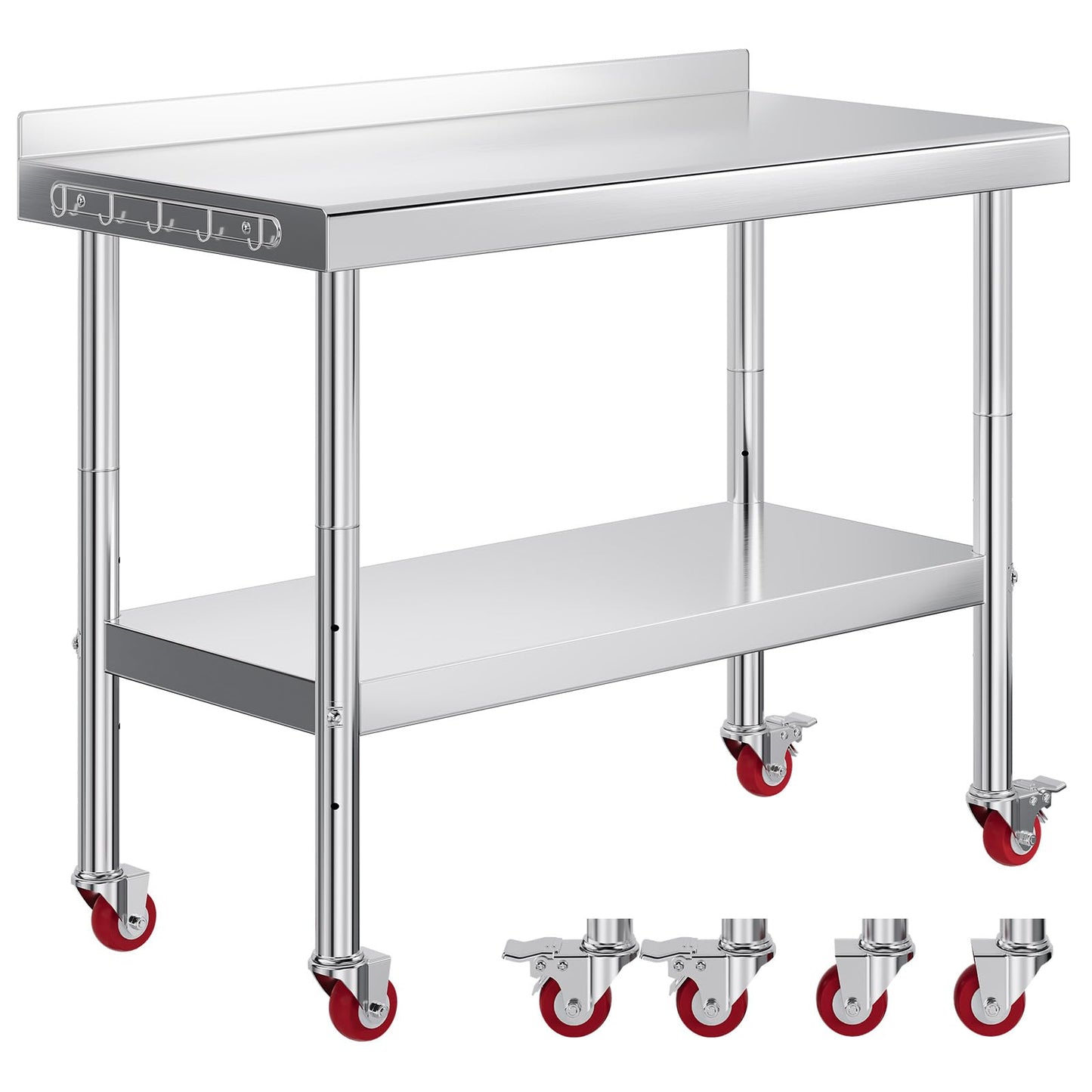 Jocisland 24" x 48" Stainless Steel Table for Prep & Work, Food-Grade Stainless Steel with Backsplash and Wheels, Adjustable Under Shelf & Safe Design for Restaurant, Home and Outdoor