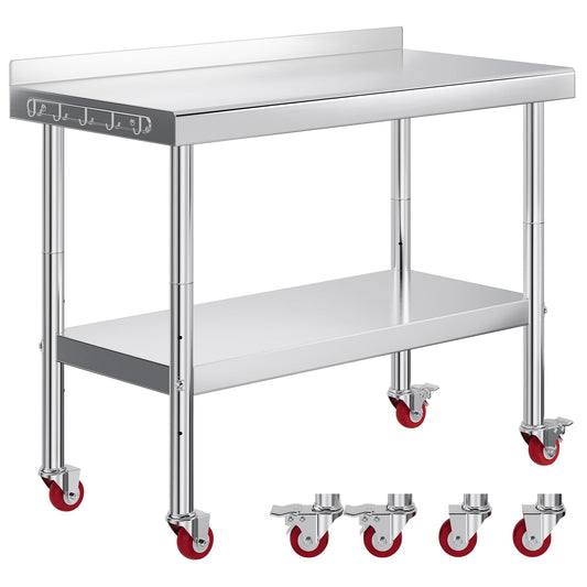 Jocisland 24" x 48" Stainless Steel Table for Prep & Work, Food-Grade Stainless Steel with Backsplash and Wheels, Adjustable Under Shelf & Safe Design for Restaurant, Home and Outdoor