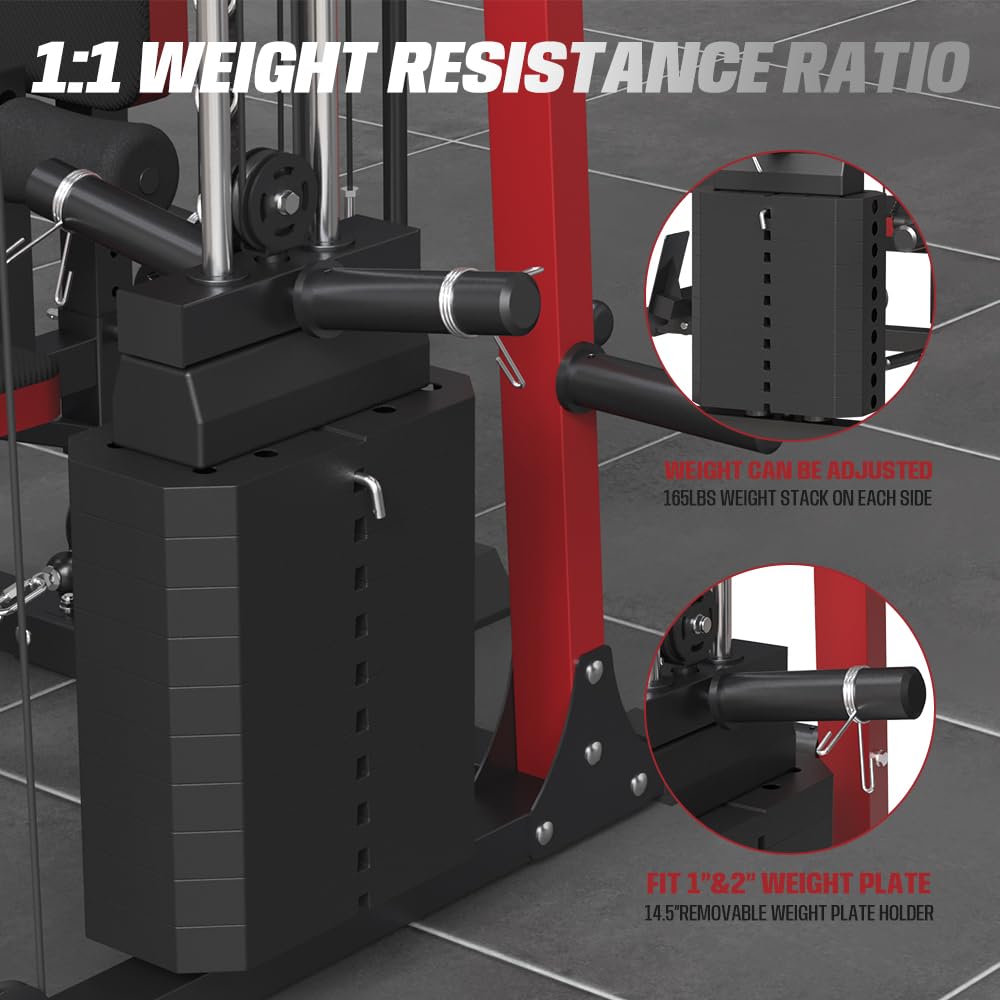 smithmachine with Weight Bench Combo, Home Gym with Dual Weight Stacks, 4000LBS Power Cage Squat Rack with Lever Arm, Leg Press, LAT Pull Down, Cable Crossover Machine for Full Body Training, Red
