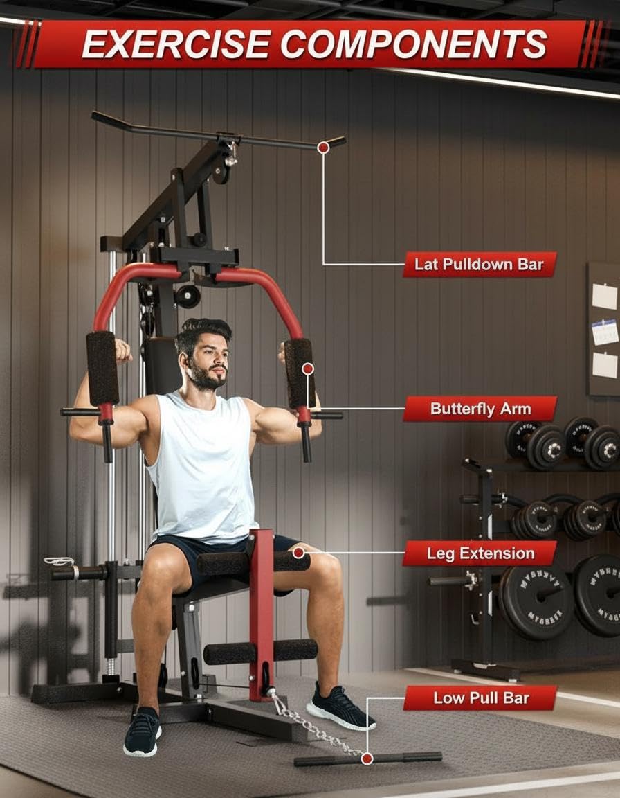 Home Gym Machine, Max 300LBS Capacity Home Gym Equipment with Leg Press, Multifunctional Exercise Equipment for Full Body Strength Training, Fit 1" & 2" Weight Plates (Not Included)