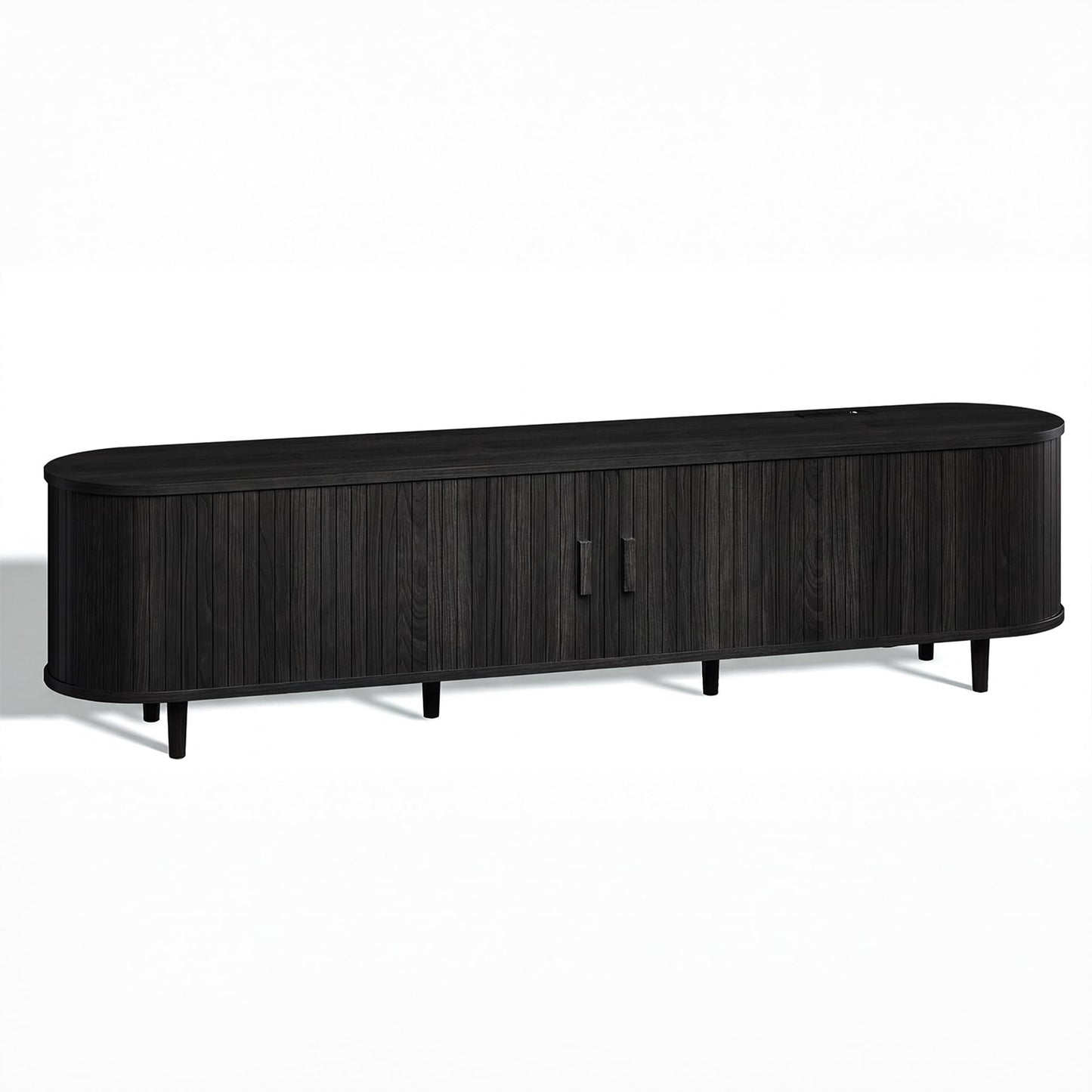 OneBlis 70" Mid Century Modern TV Stand, Wood TV Consoles with Sliding Doors and Power Outlet, Fluted Entertainment Center with Adjustable Shelves, Media Console for Living Room, Black