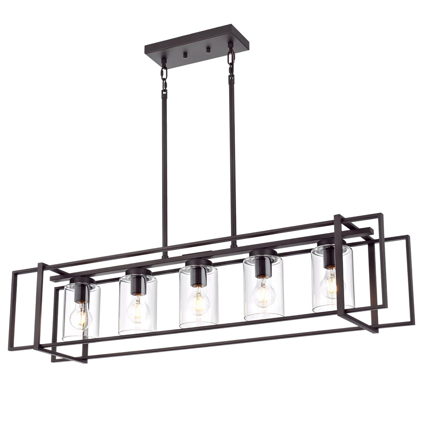 Lucidce 5-Light Industrial Pendant Light, Oil-Rubbed Bronze, Adjustable, Iron, Rectangular Frame, Model 011P-OB, Transparent Glass Shades