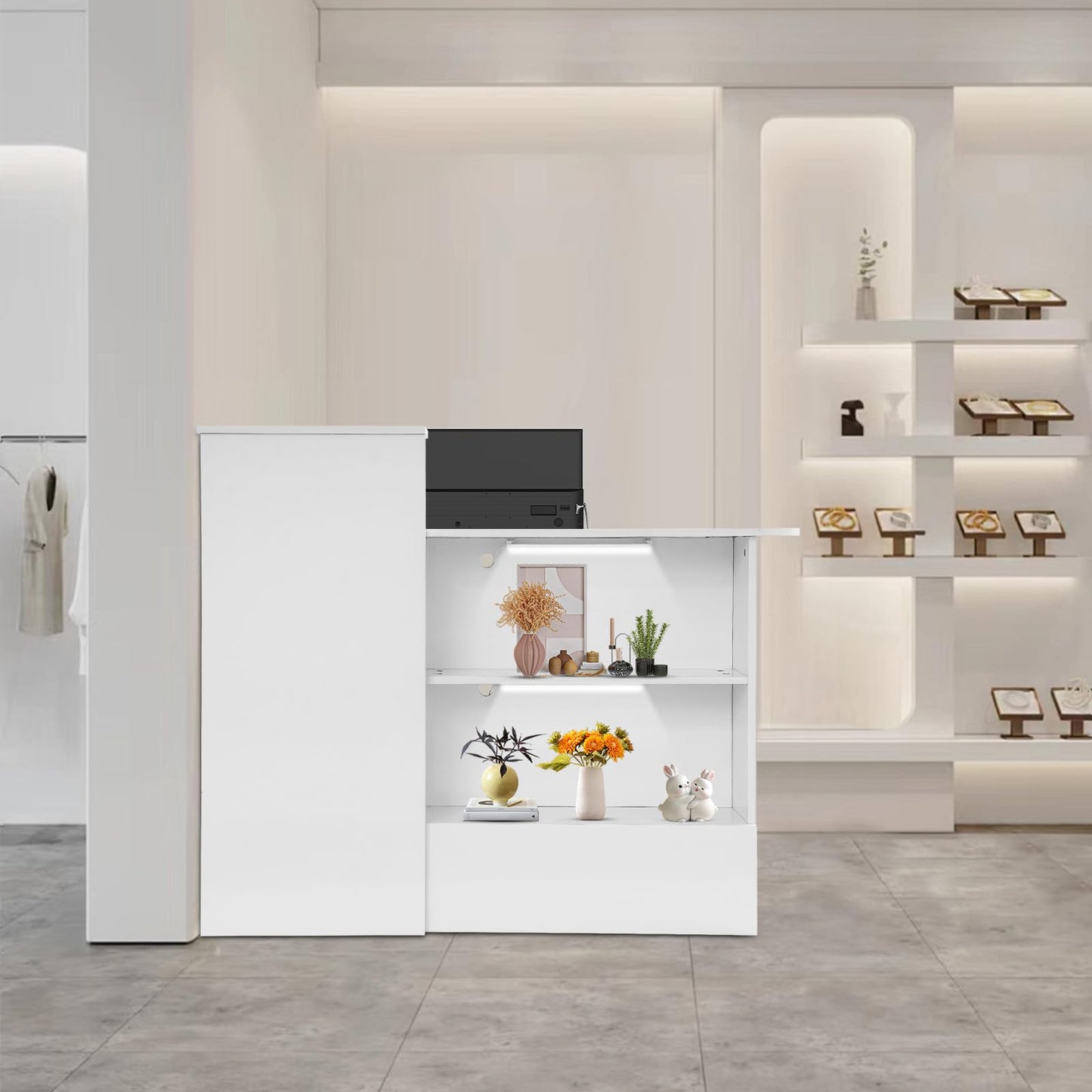 DDBESSIC Reception Desk Counter with Lockable Drawer and Open Shelves, Office Front Desk with Lights, 47 X 20in Reception Counter for Offices, Stores, Restaurants, Beauty Salons (White)