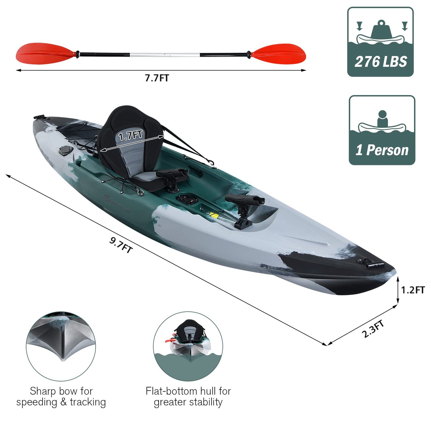 9.7FT Sit-On-Top Kayak Boat for Adults, 1-Person Fishing Kayak Raft with Aluminum Paddle & 4 Fishing Rod Holders, Portable Touring Kayak for Sea, Lake & River