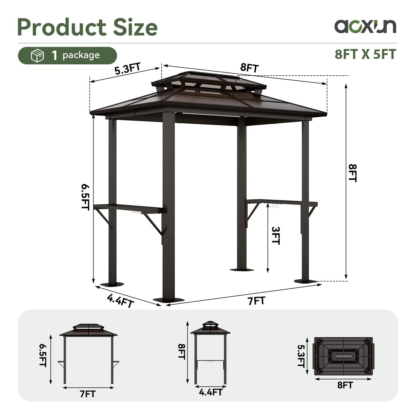 Aoxun 8'x5' Hardtop Grill Gazebo, Outdoor Barbecue Gazebo with Double Polycarbonate Top & 2 Side Shelves & Hooks, Aluminum Grill Canopy for Patio, Lawn, Garden (Brown)